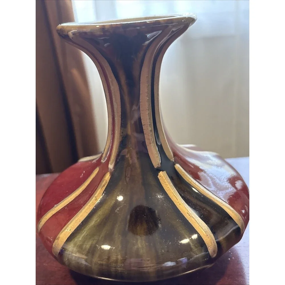 VINTAGE Red Brown Gold Drip Glaze Mid Century Vase Oxblood Flambe Collectibles